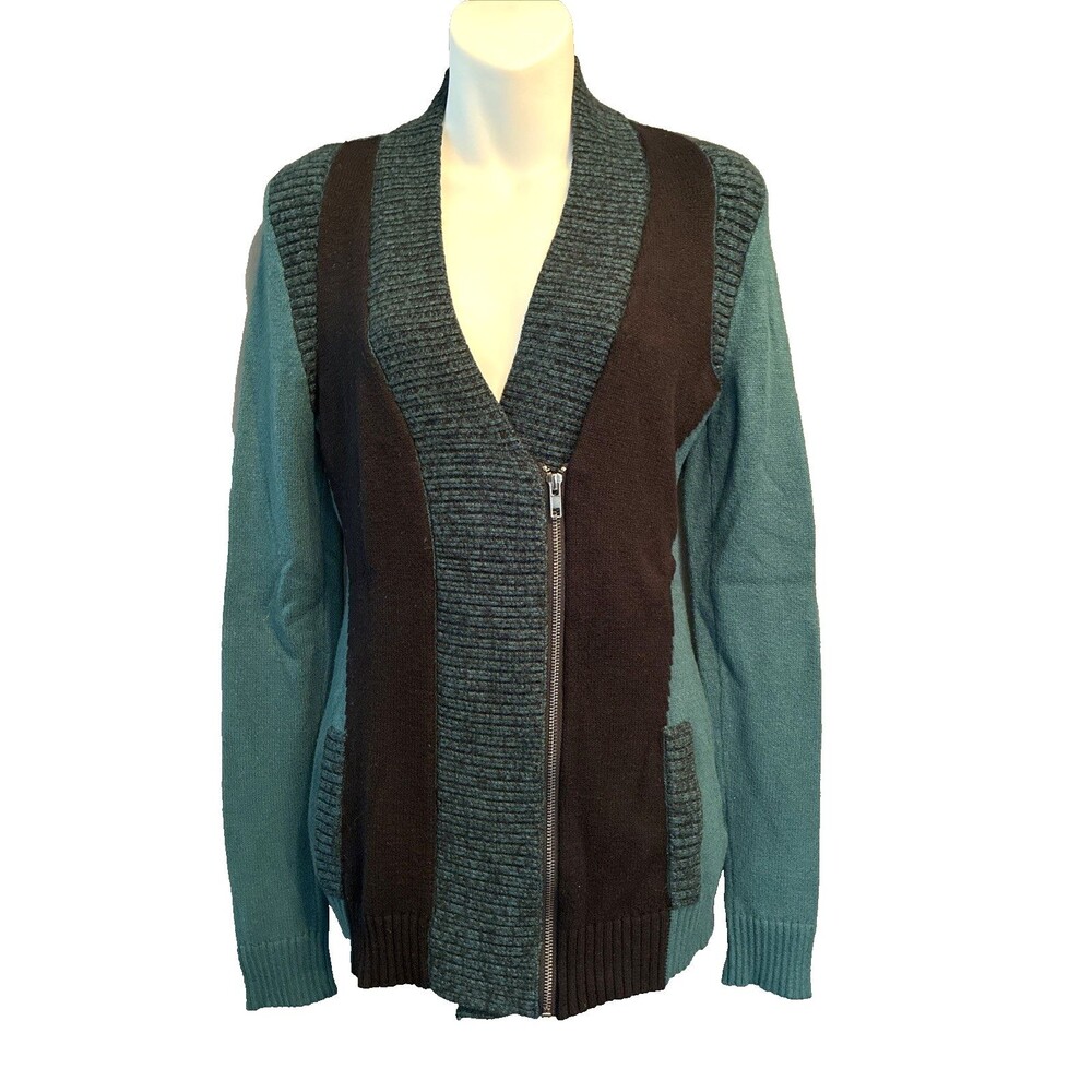 Amelie Boutik Asymmetric Zip Long Cardigan Large Colorblock Green Black Sweater